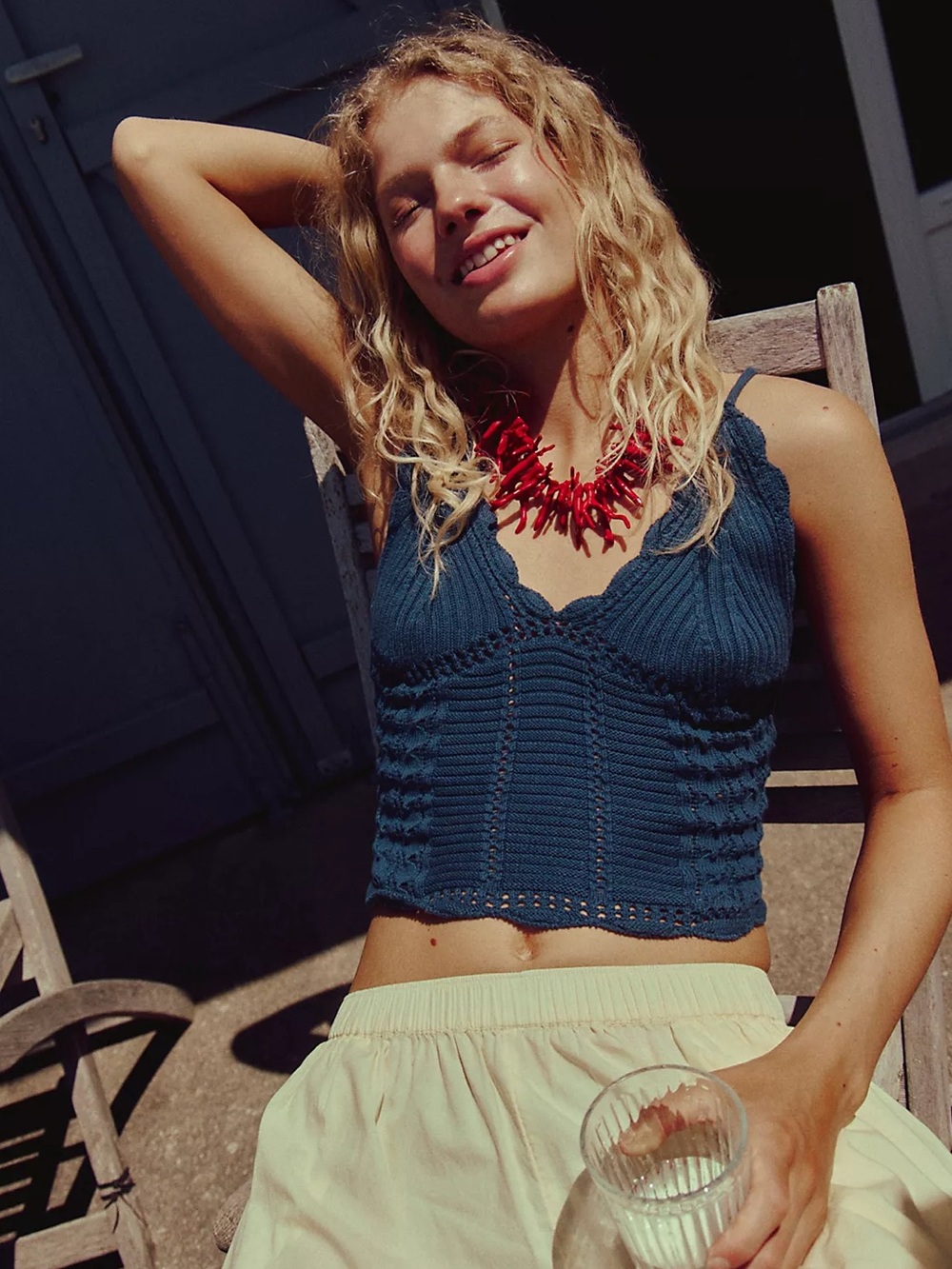 Free People Sky Fauxchet Blue Knit Cropped Crochet Top Women’s M Boho Festival